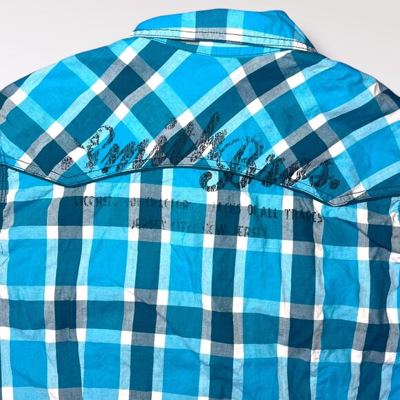 Arizona Jean Co Blue Plaid Western Shirt Snap Button Down Short Sleeve Medium - Picture 6 of 7
